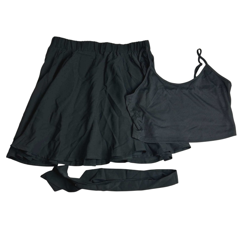Black 3 Piece Set Ribbed Crop Top Ruffle Skirt and Tie Belt Large